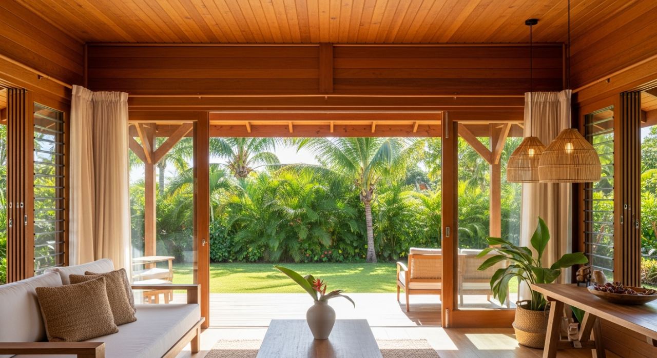 Intérieur lumineux d une maison en bois en Guadeloupe ouverte sur jardin tropical