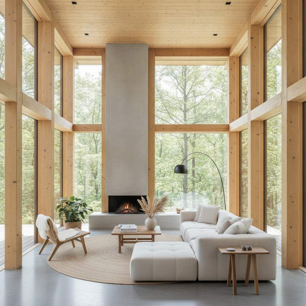 intérieur lumineux d'une maison ossature bois contemporaine