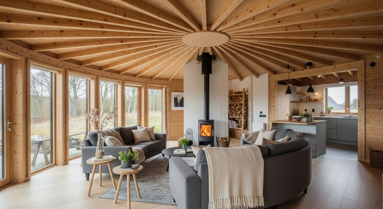intérieur chaleureux d'une maison ronde en bois à vendre