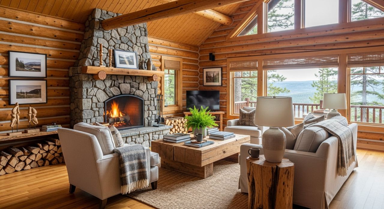 Interieur maison rondin Interieur chaleureux d'une maison en rondin de bois