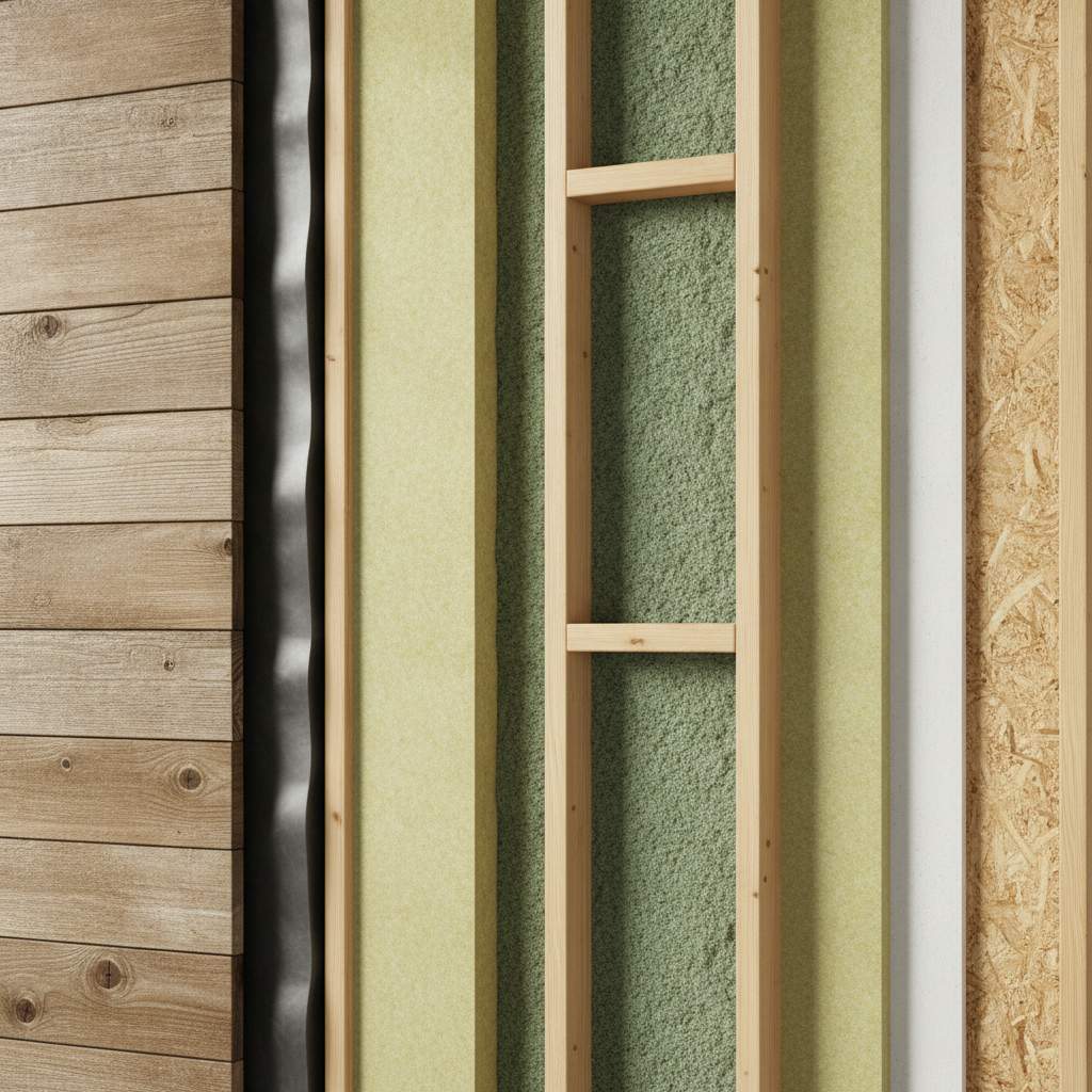 Coupe d'un mur ossature bois avec les différentes couches d'isolation par l'extérieur