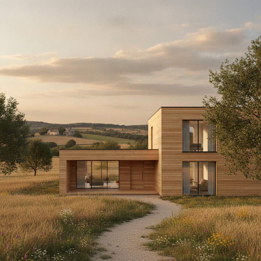 Façade finie d'une maison ossature bois après isolation par l'extérieur et pose du bardage