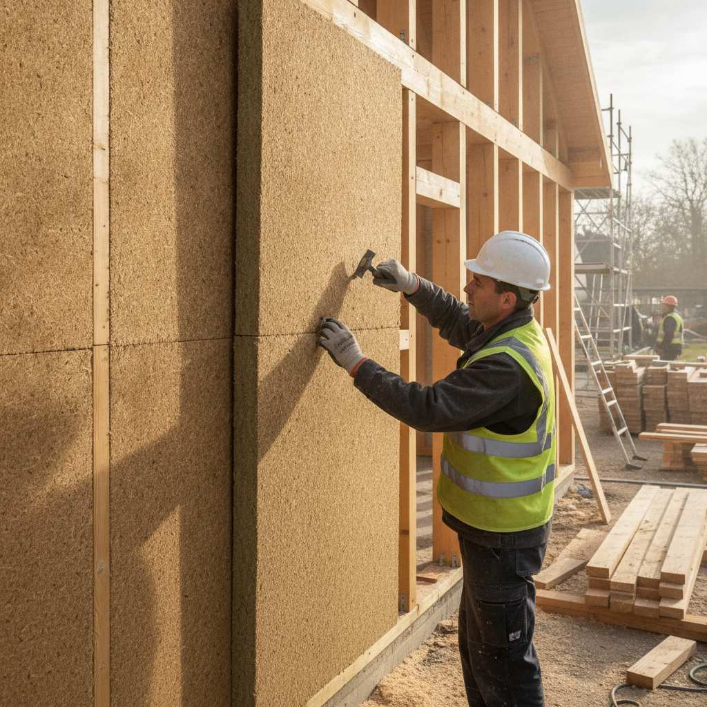 Pose de panneaux isolants fibre de bois sur une façade ossature bois
