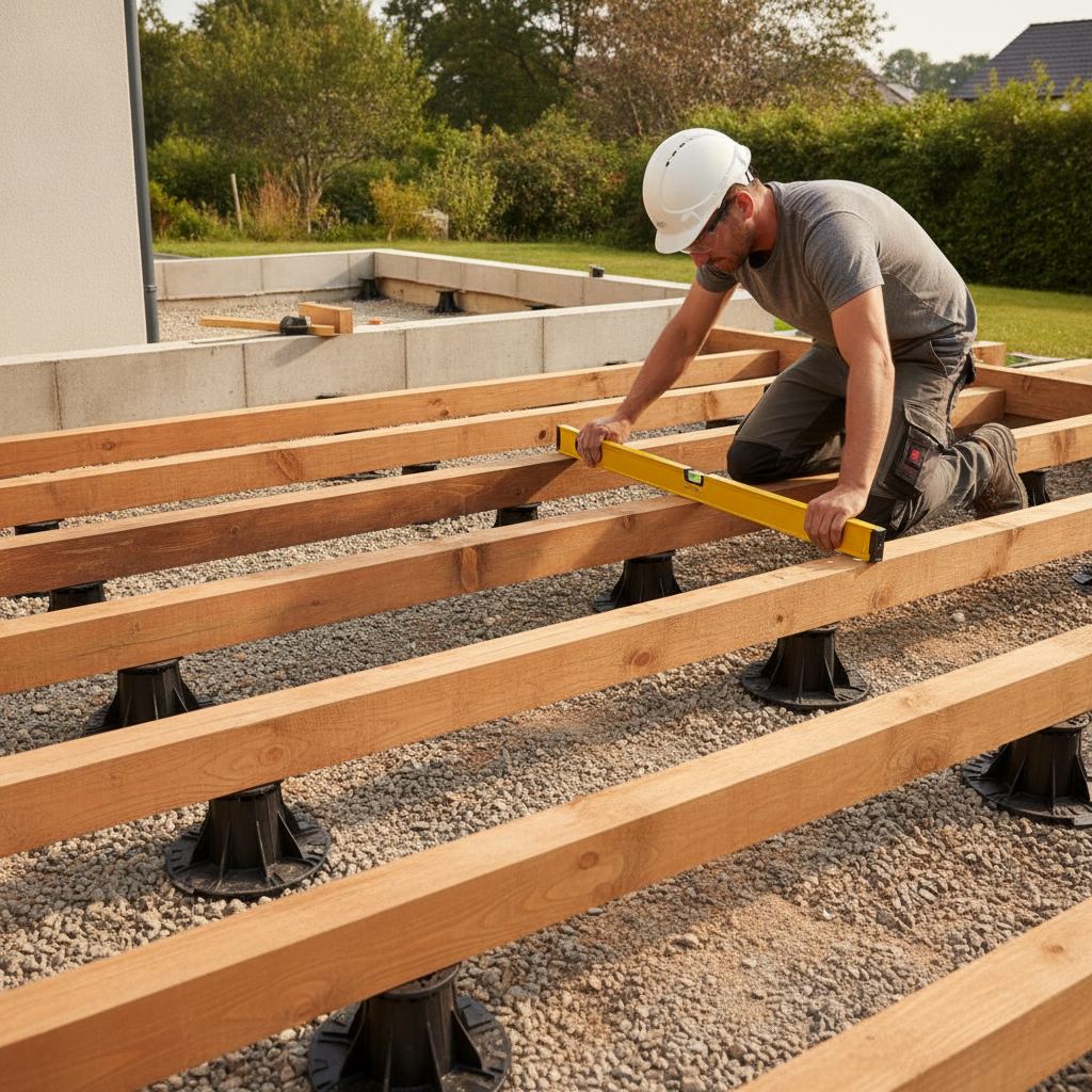 Lambourdes de terrasse bois posées sur plots réglables