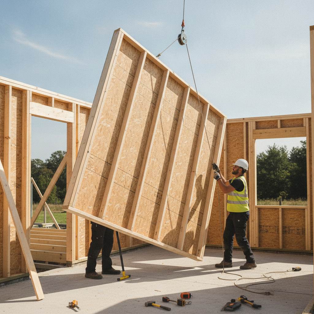 Levage d'un mur ossature bois avec voile OSB lors d'une autoconstruction