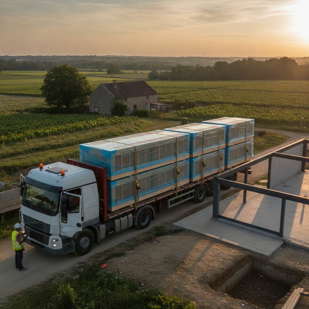 Livraison des panneaux d'une maison bois en kit importée de Pologne
