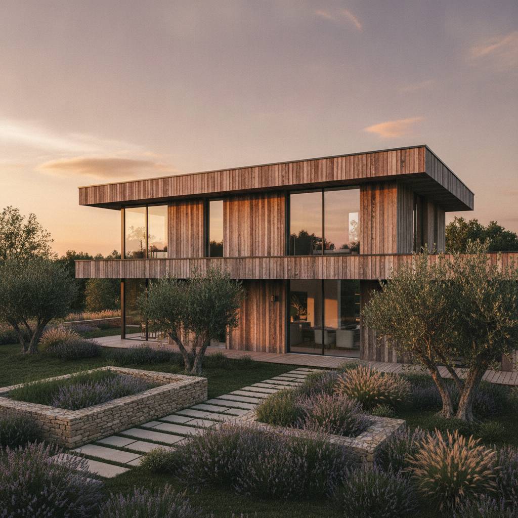 Maison ossature bois moderne à toit plat avec bardage bois et grandes baies vitrées