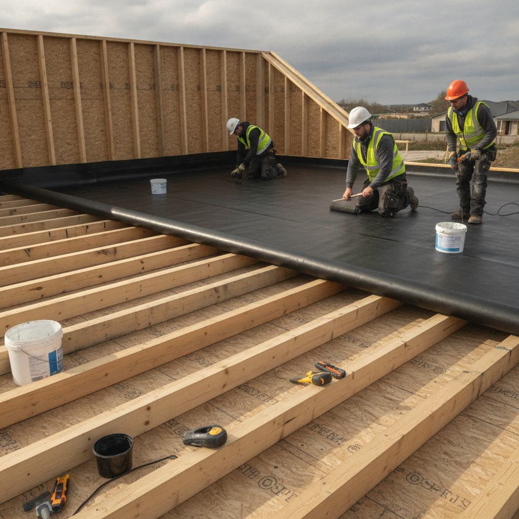 Pose d'une membrane d'étanchéité EPDM sur le toit plat d'une maison ossature bois