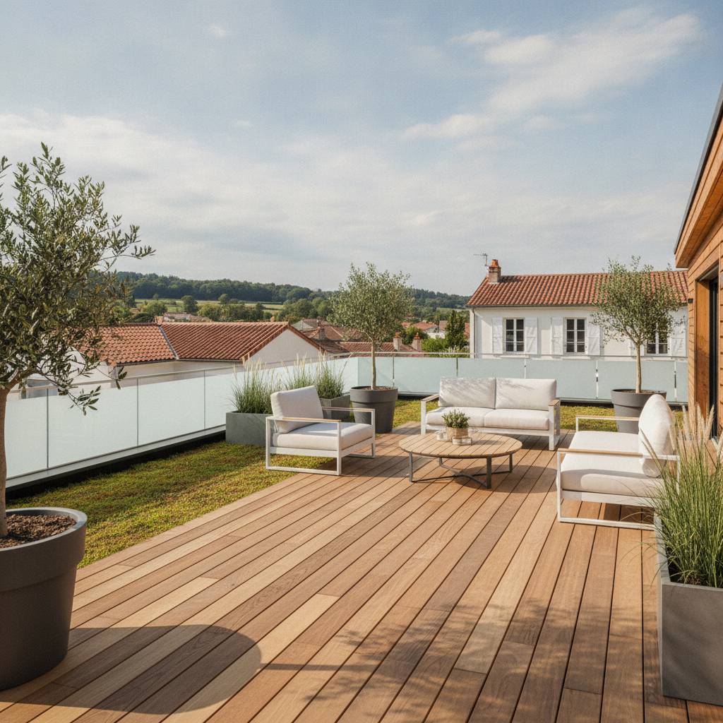 Toit terrasse accessible avec végétalisation sur maison bois moderne à toit plat