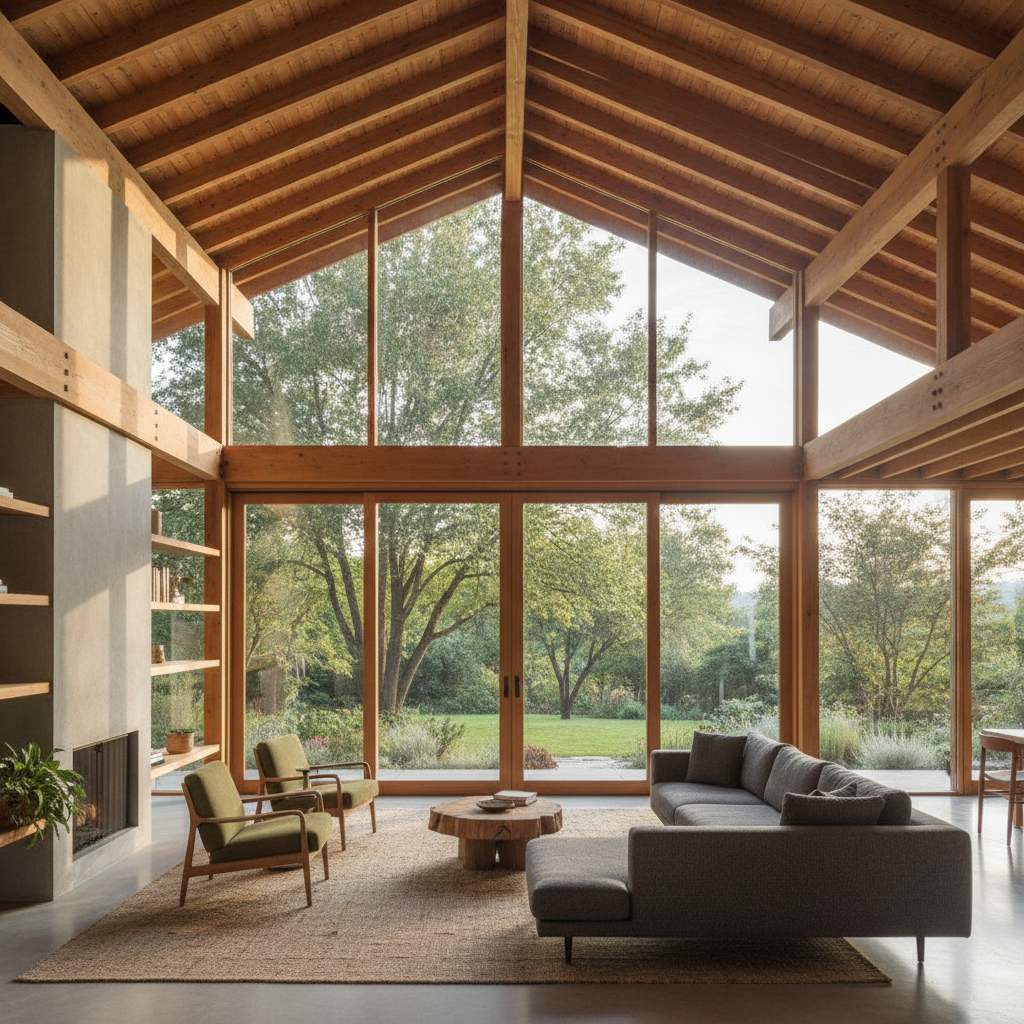 Intérieur lumineux d'une maison ossature bois à toit plat avec poutres apparentes et baies vitrées