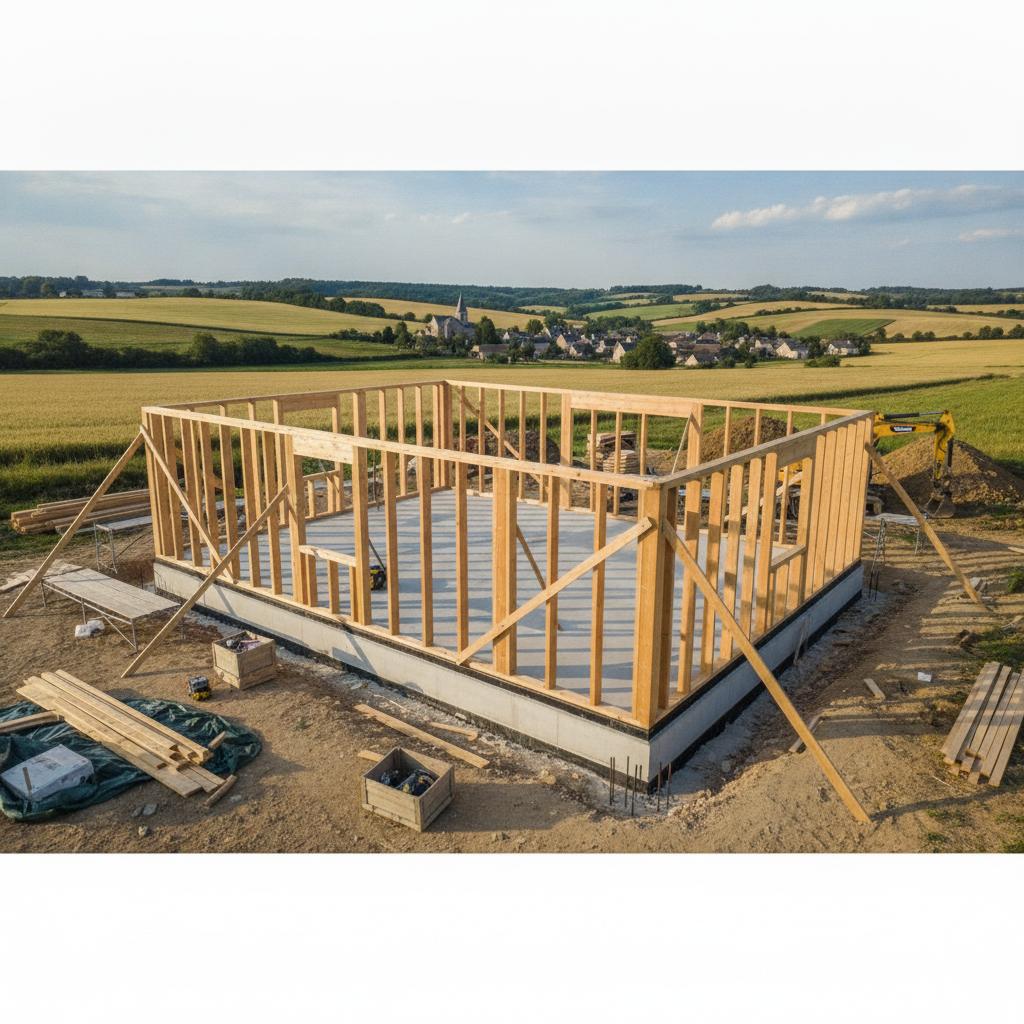 chantier maison ossature bois plain pied 80m2 structure bois montée sur dalle