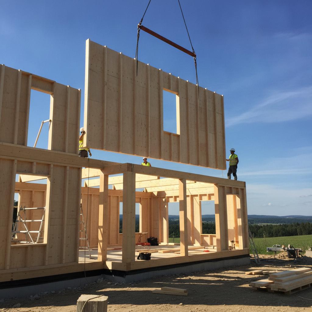 maison à ossature bois moderne de type Natilia en construction