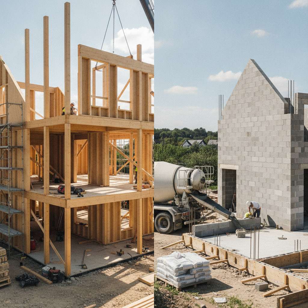 chantier maison ossature bois murs prefabriques face a maison parpaing en construction