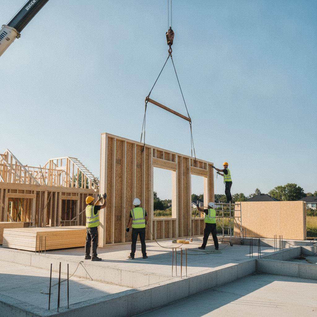 levage des murs ossature bois prefabriques a la grue sur chantier
