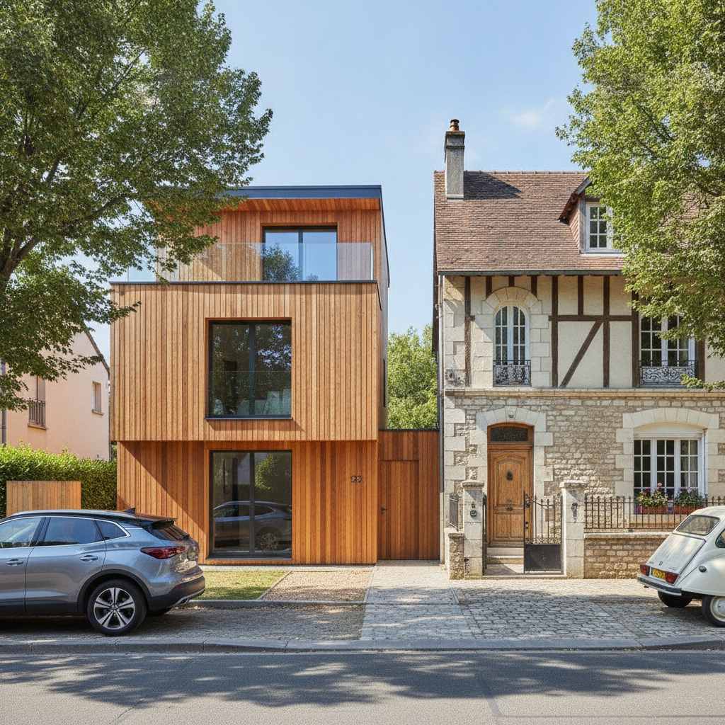 maison ossature bois moderne terminee avec bardage face a maison enduite traditionnelle