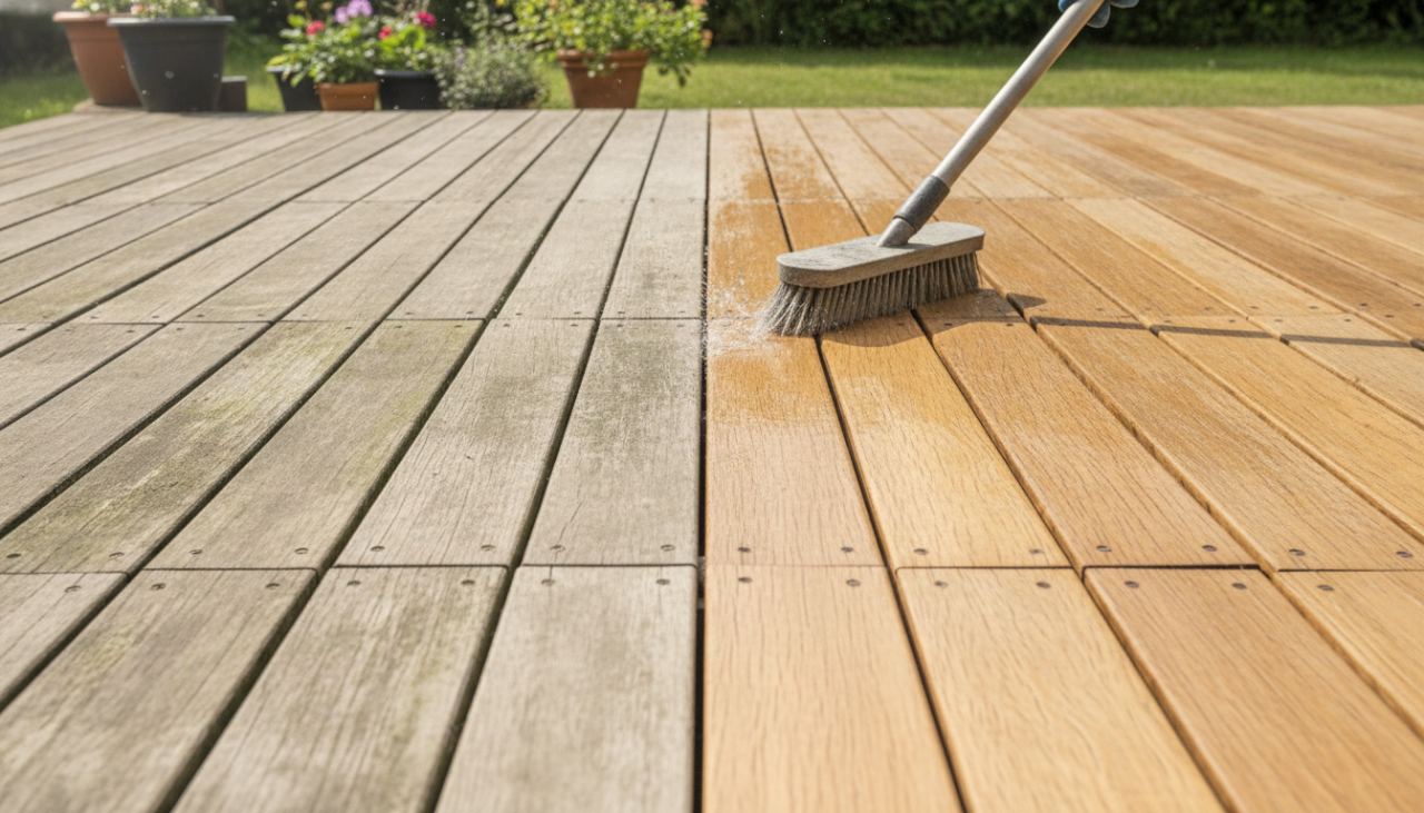 Gros plan sur une terrasse en bois à moitié nettoyée montrant le contraste entre lames grisées et lames ravivées propres, extérieur lumineux