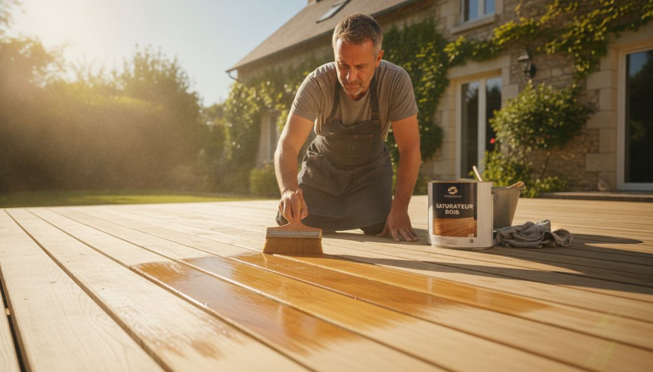 Un artisan applique un saturateur teinté au pinceau sur une terrasse en bois propre et sèche, gestes soignés dans le sens des lames, lumière du jour