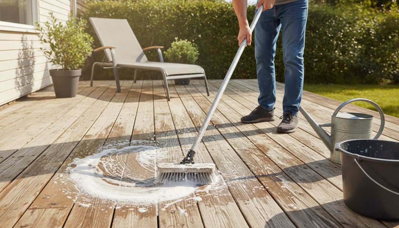 Une personne nettoie une terrasse en bois avec un balai-brosse à poils souples et de l'eau savonneuse, jardin ensoleillé, lames de bois clair