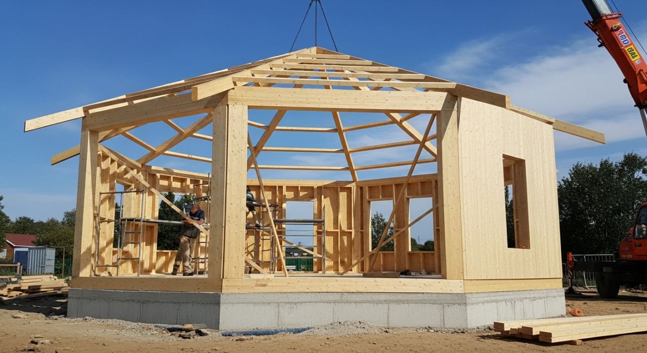 Construction en kit d'une maison octogonale en bois ossature prefabriquee