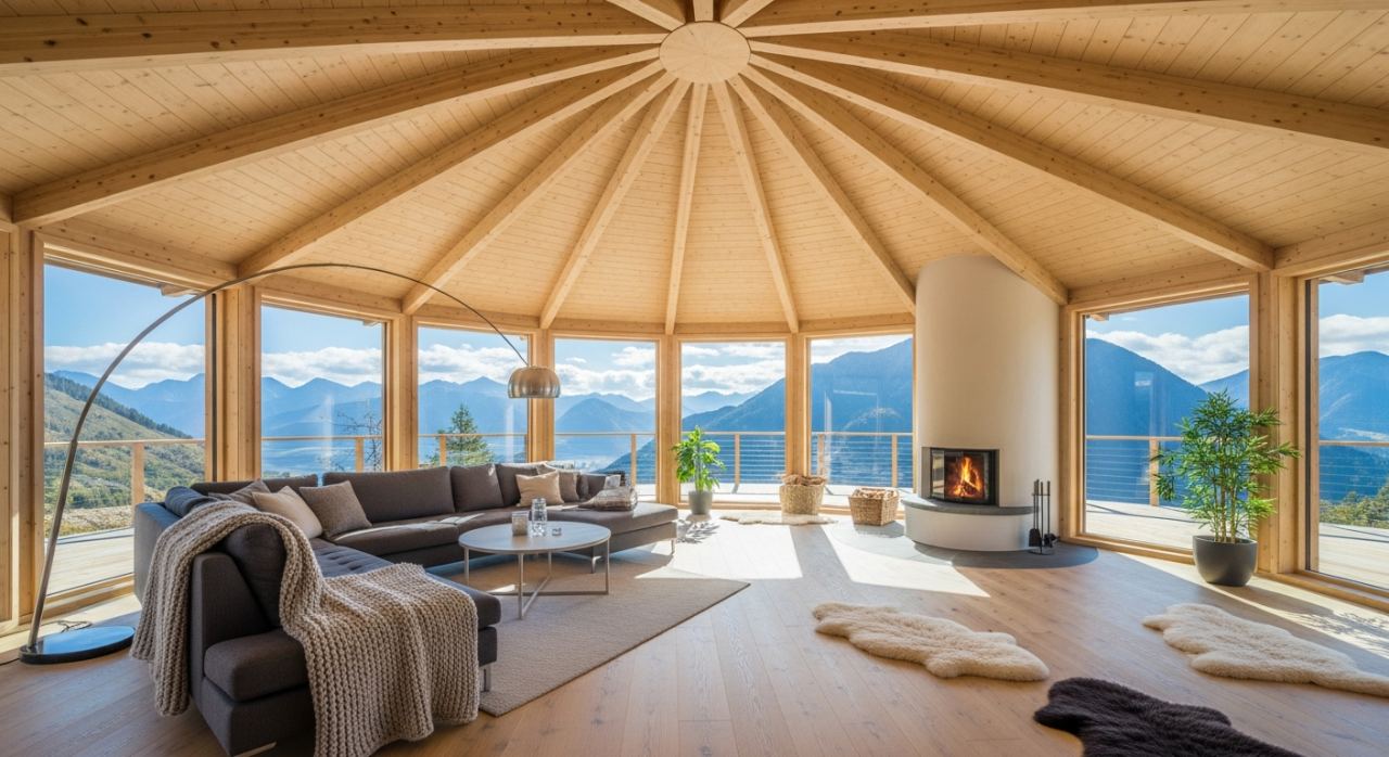 Interieur d'une maison octogonale en bois avec vue panoramique 360 degres