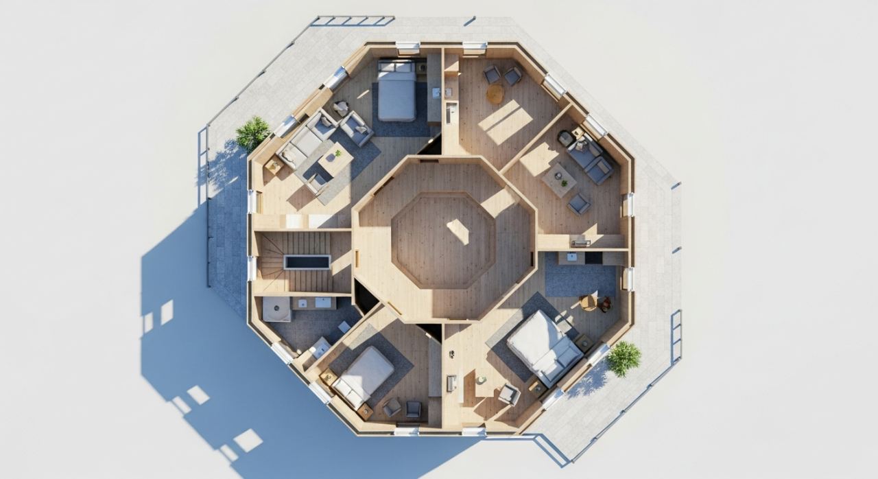 Plan d'une maison octogonale en bois a huit cotes