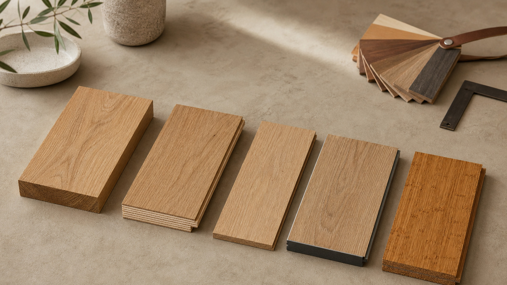 Echantillons de parquet massif, contrecolle, stratifie et bambou pour maison ossature bois