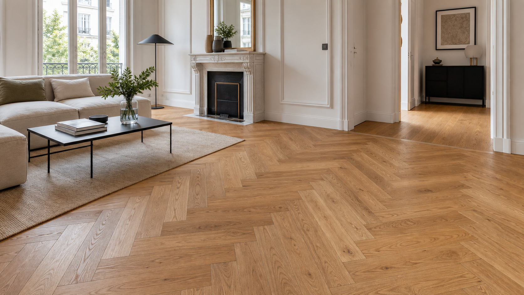 Parquet chene en point de Hongrie dans le sejour d une maison ossature bois