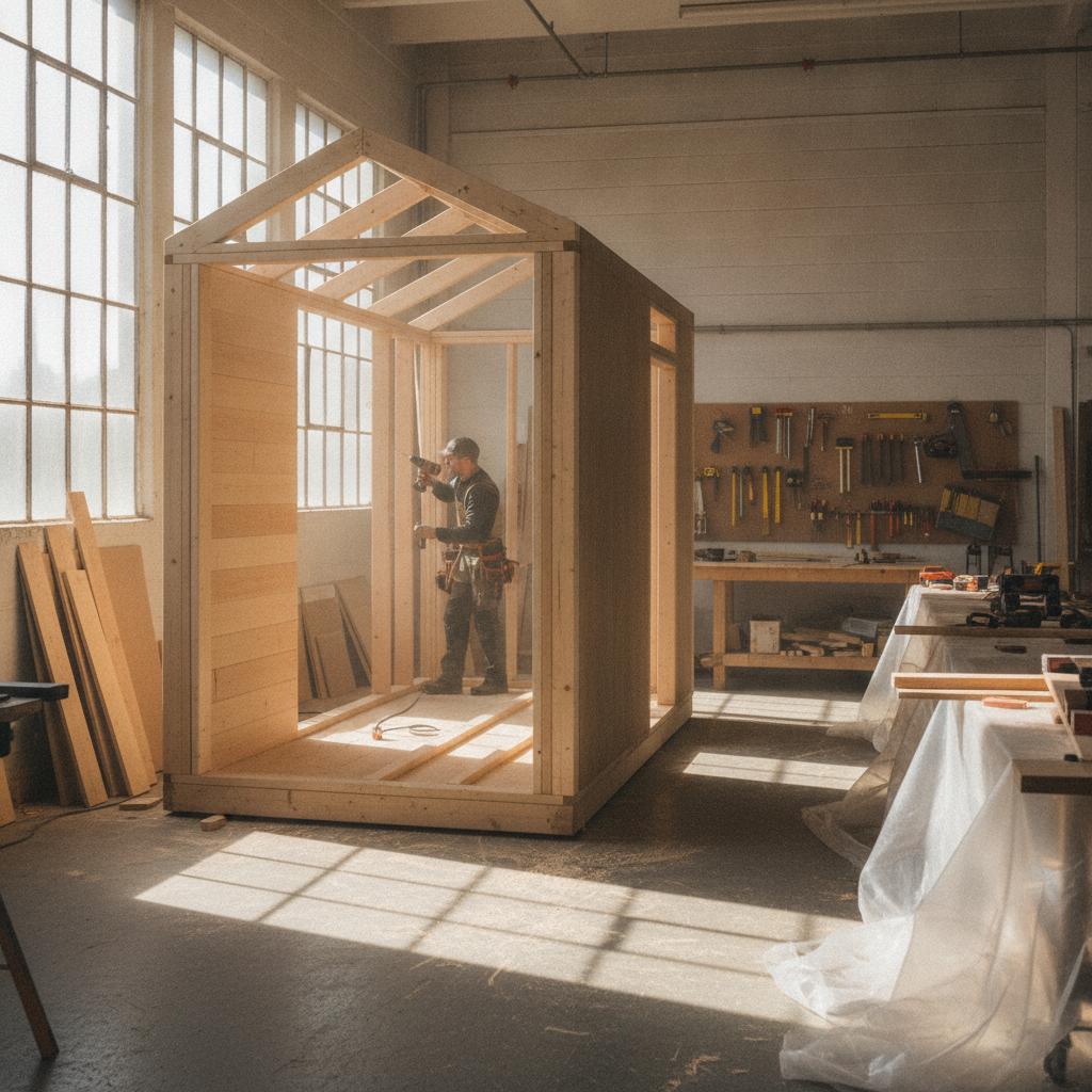 Charpentier assemblant l'ossature bois d'une tiny house en atelier
