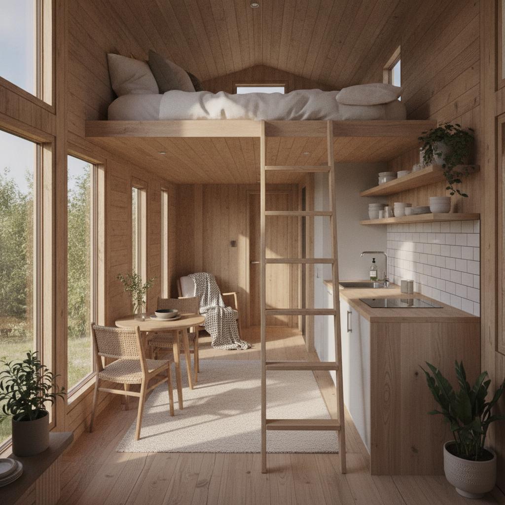 Intérieur cosy d'une tiny house avec mezzanine et cuisine compacte