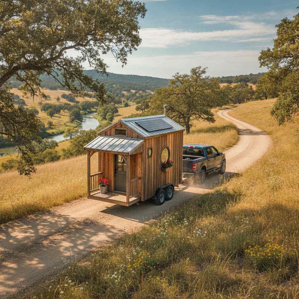 Tiny house sur remorque tractée sur une route de campagne