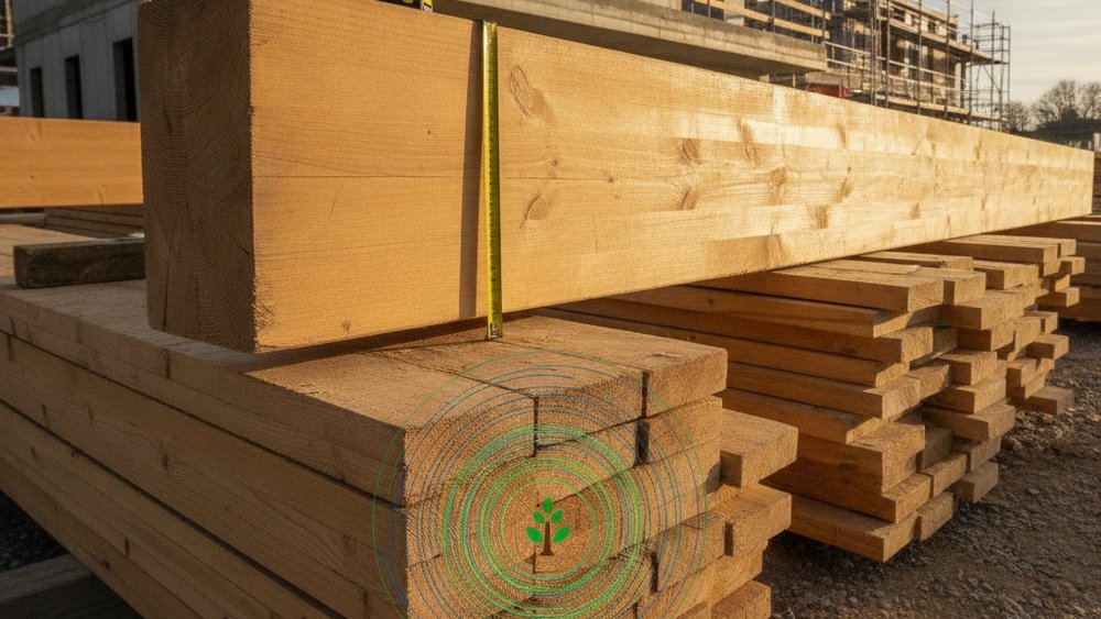 Bois de construction biosourcé stocké sur un chantier, matériau clé pour respecter la RE2020