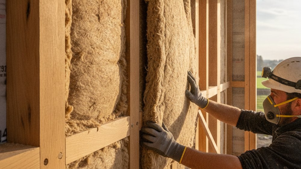 Isolation en fibre de bois posée dans une ossature bois conforme RE2020