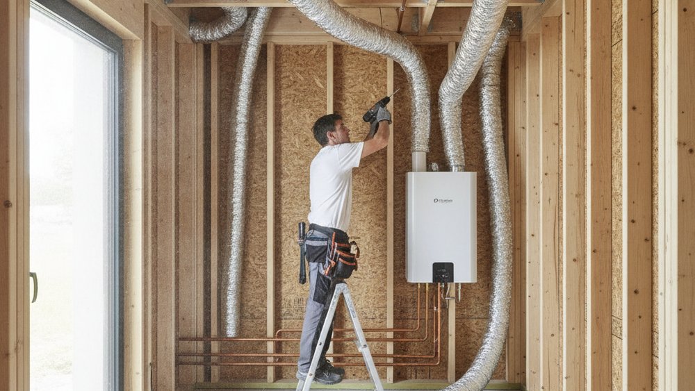 Installation d'une pompe à chaleur et d'une ventilation double flux dans une maison ossature bois RE2020