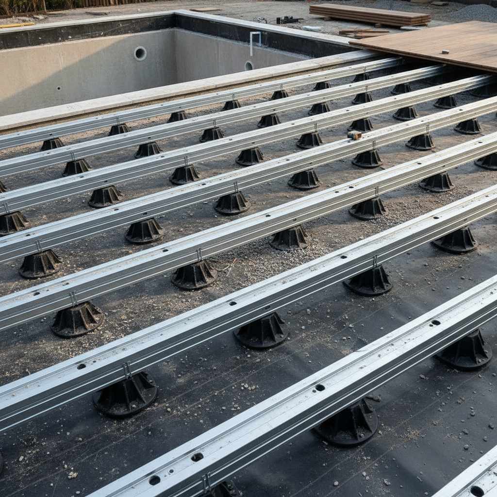 Structure sur plots reglables d'une terrasse de piscine en bois
