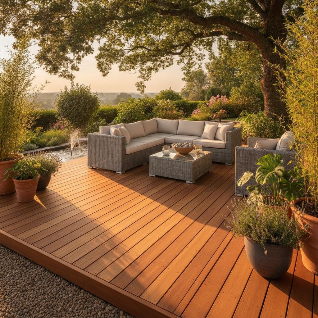 terrasse en bois terminée avec lames posées et mobilier de jardin
