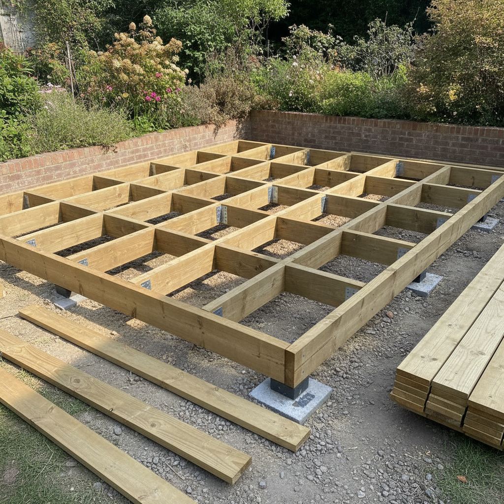 ossature de terrasse en bois avec solives et lambourdes en cours de montage