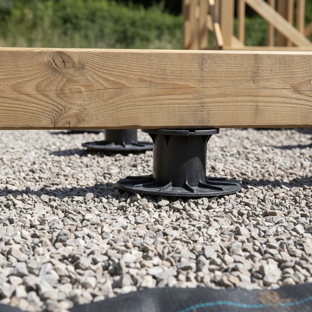 lambourdes de terrasse posées sur plots réglables en PVC