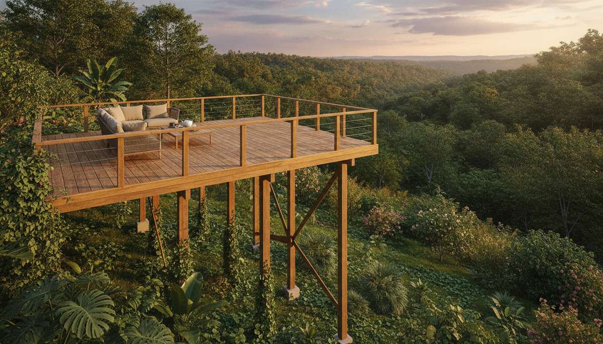 terrasse en bois sur pilotis surelevee dans un jardin en pente