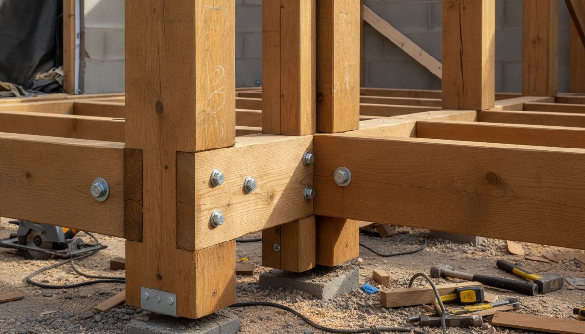 structure porteuse en bois avec pilotis et solives d une terrasse en construction
