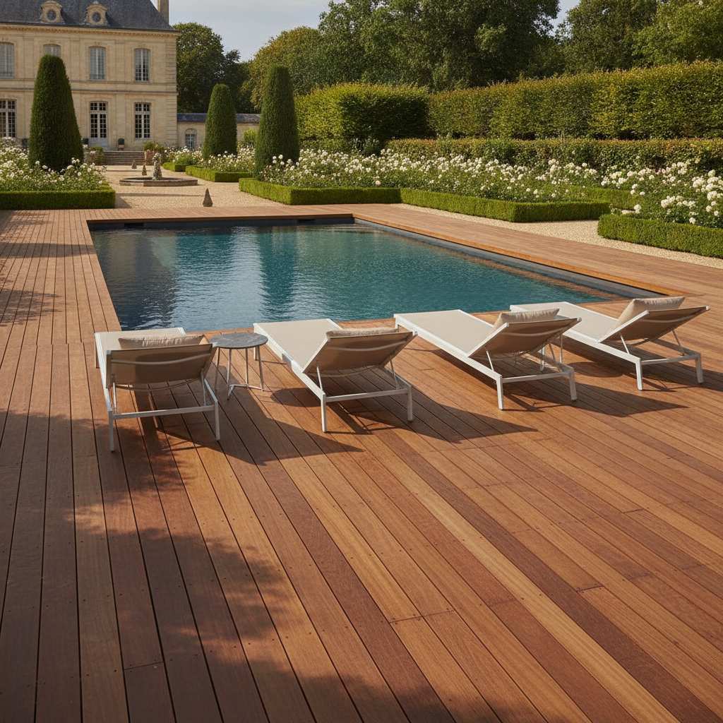 Terrasse en bois autour d'une piscine rectangulaire