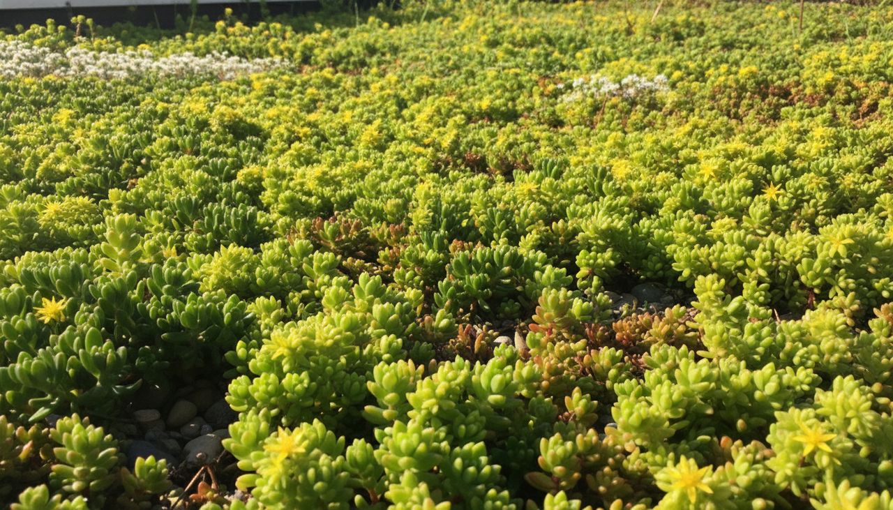 Toiture végétalisée en sedum sur une maison bois