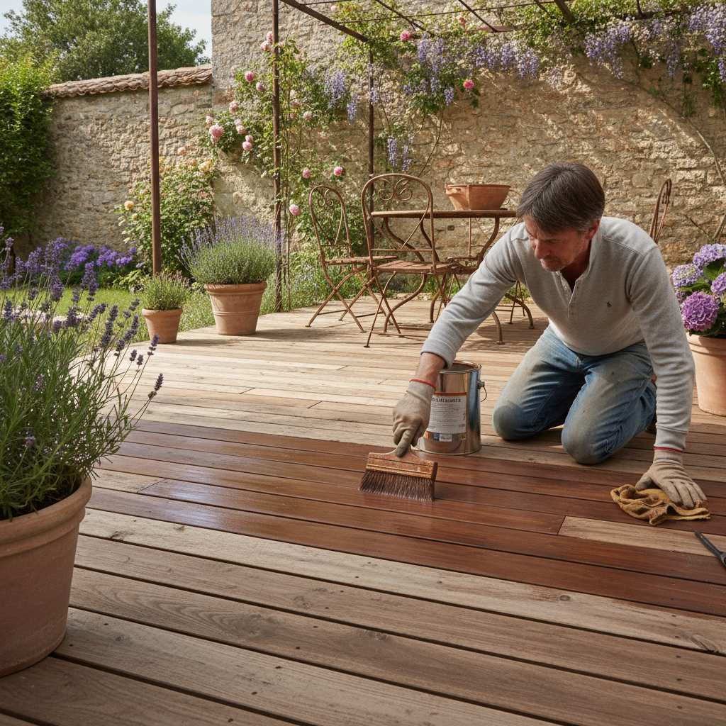 Application d'une peinture sur une terrasse en bois