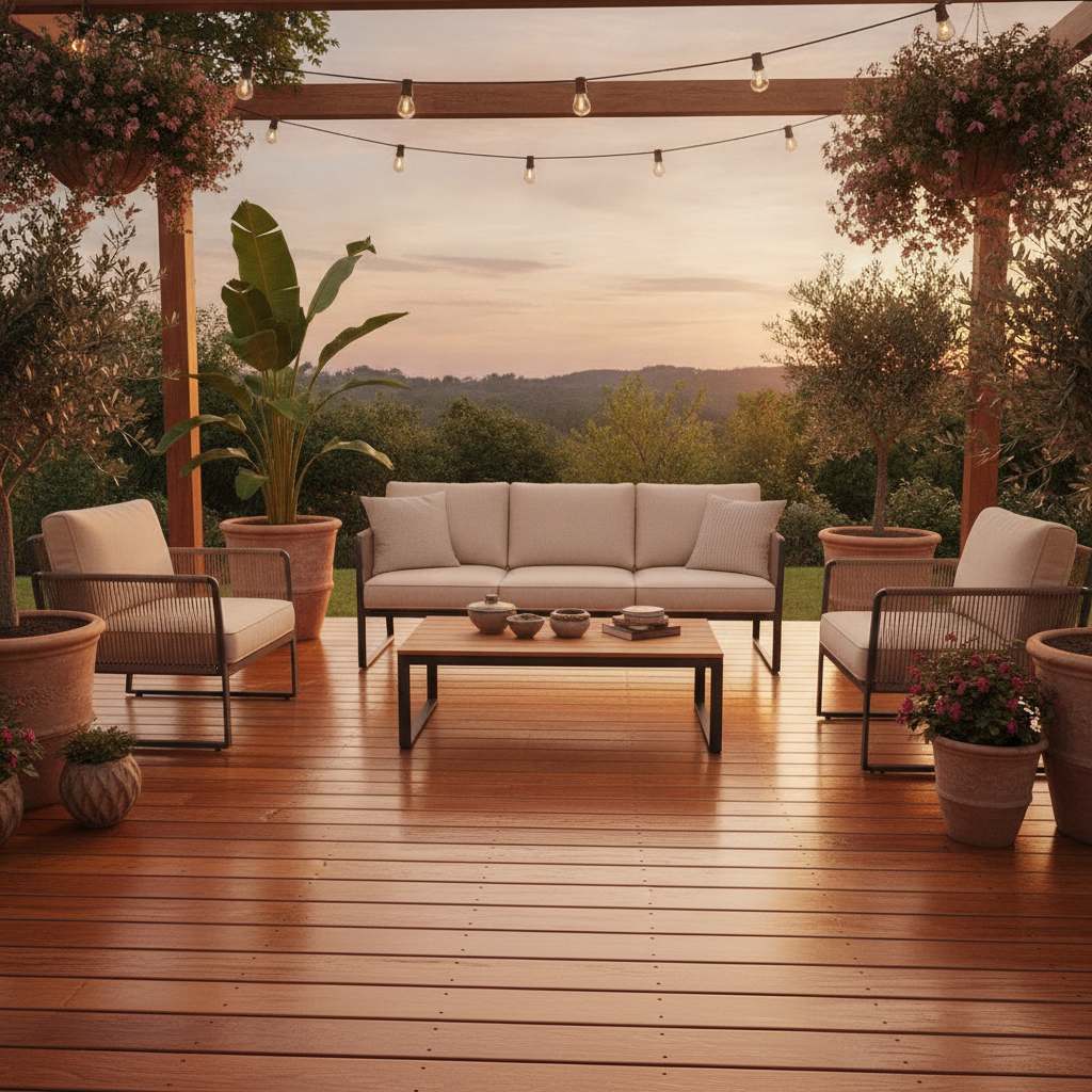 Terrasse en bois repeinte avec mobilier de jardin
