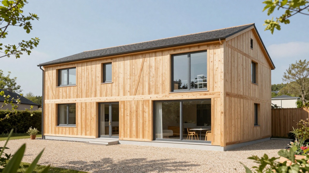 Maison à ossature bois à étage, bardage bois clair, livrée clé en main