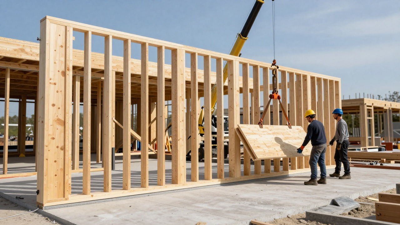 Murs d'une maison en kit ossature bois en cours de montage sur une dalle